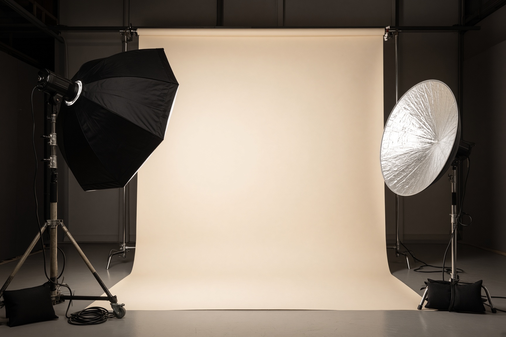Beauty lighting: octabox camera-left and silver bounce fill on a bone seamless paper backdrop.