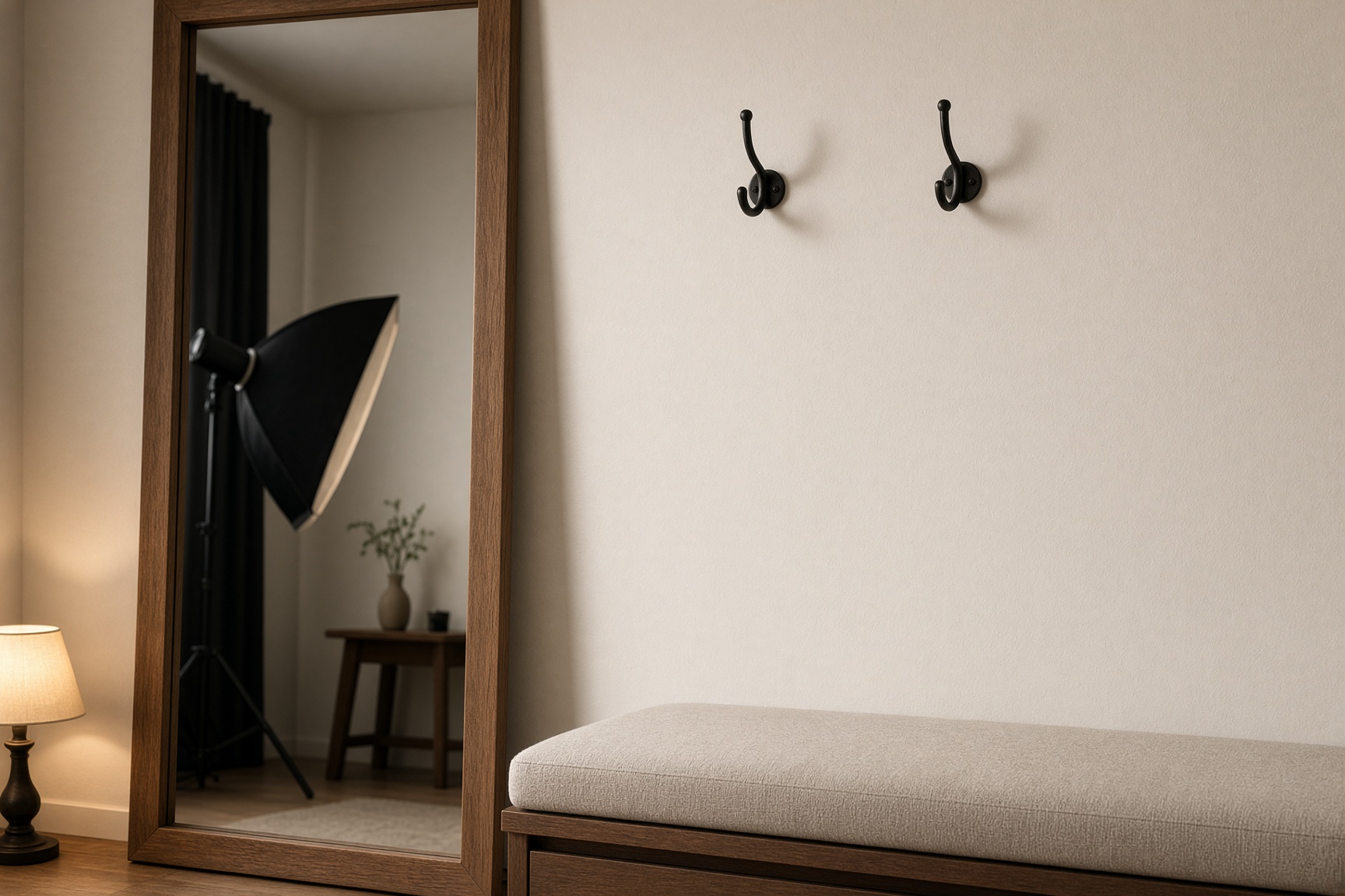 Changing-room detail: wood-framed full-length mirror, iron hooks, and a clean upholstered bench.