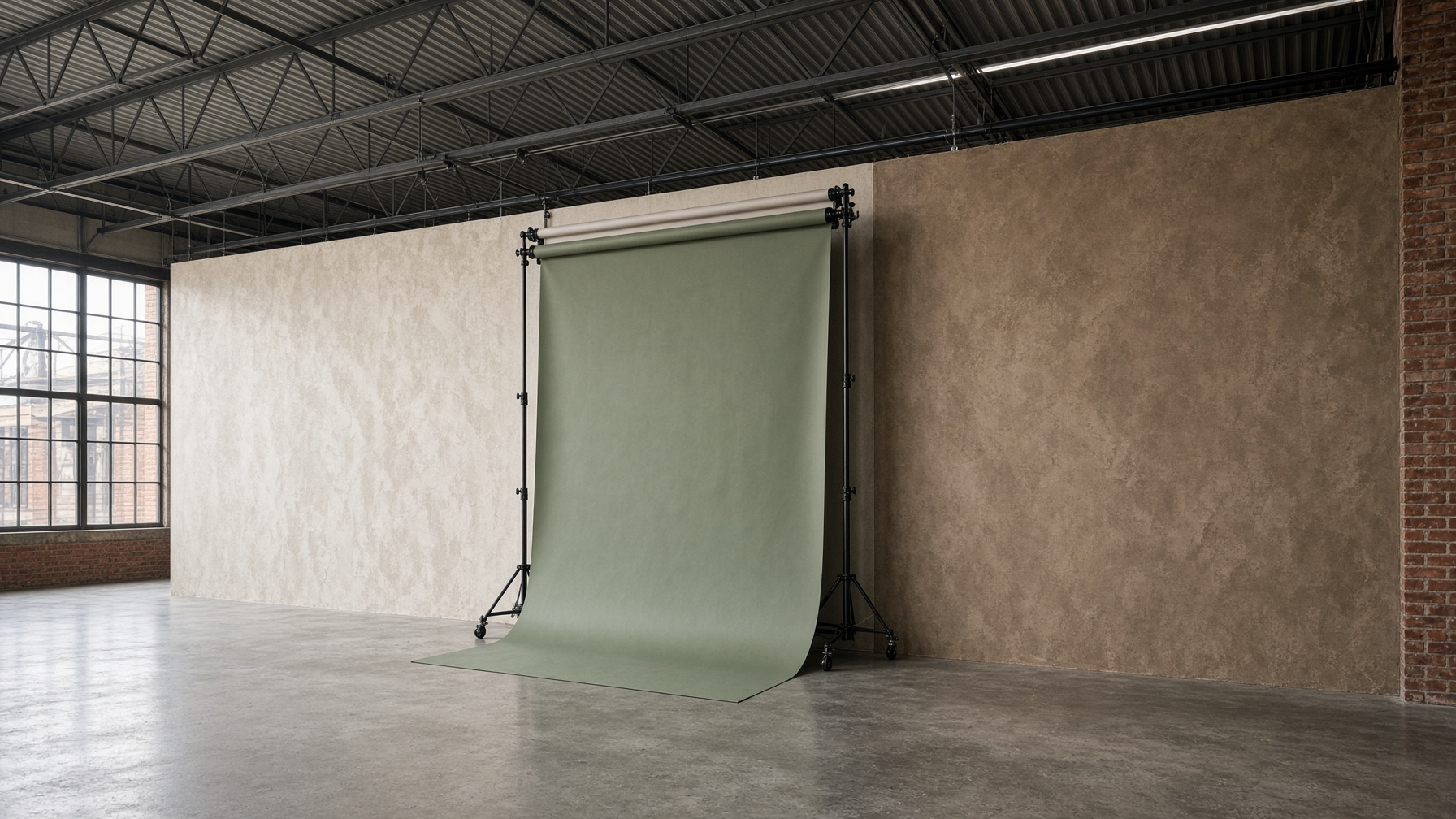 Three backdrop options in one room: bone limewash plaster, dusty-sage seamless paper on a stand, and a textured taupe painted wall.