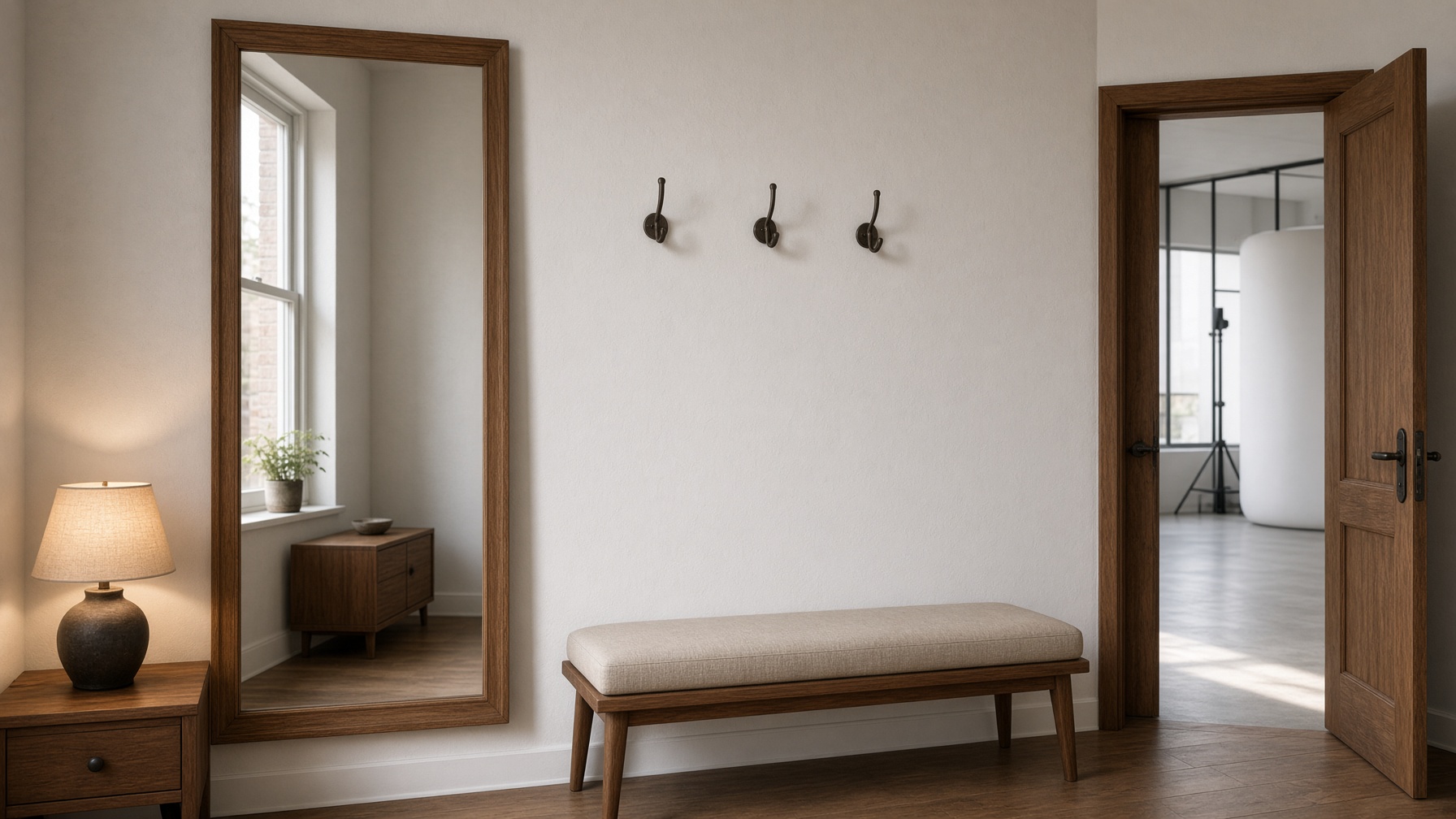 Private changing room with wood-framed full-length mirror, wall hooks, upholstered bench, and a door open to the studio.