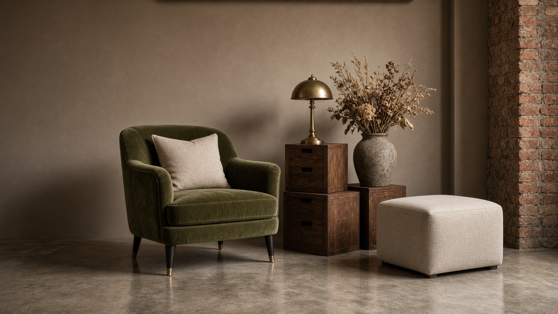 Styled furniture set on a taupe painted wall: olive velvet armchair, walnut cubes, linen ottoman, brass lamp, dried florals.
