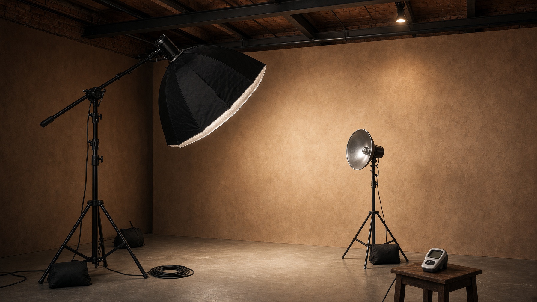 Studio lighting in use: octabox, beauty dish, C-stands, sandbags, and coiled cables in front of a clay painted backdrop.