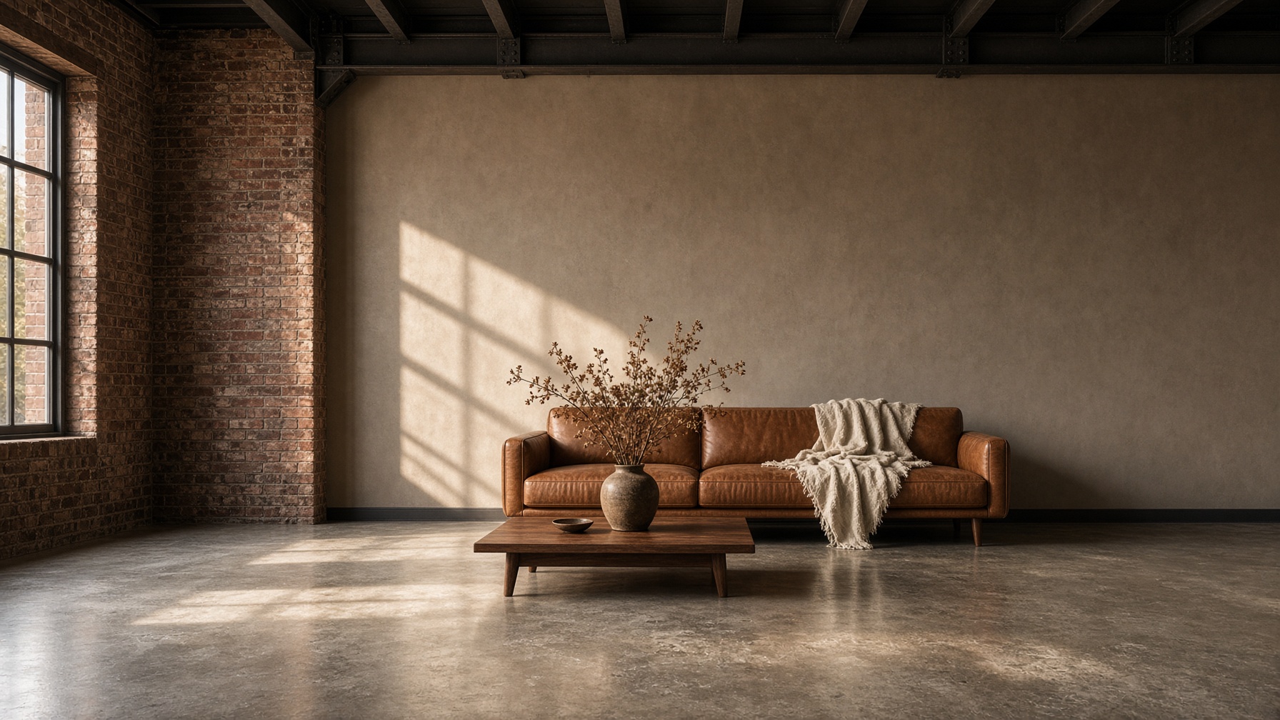 Taupe painted studio wall dressed with a caramel leather sofa, walnut table, and dried branches. Historic brick at left, open concrete floor in the foreground.