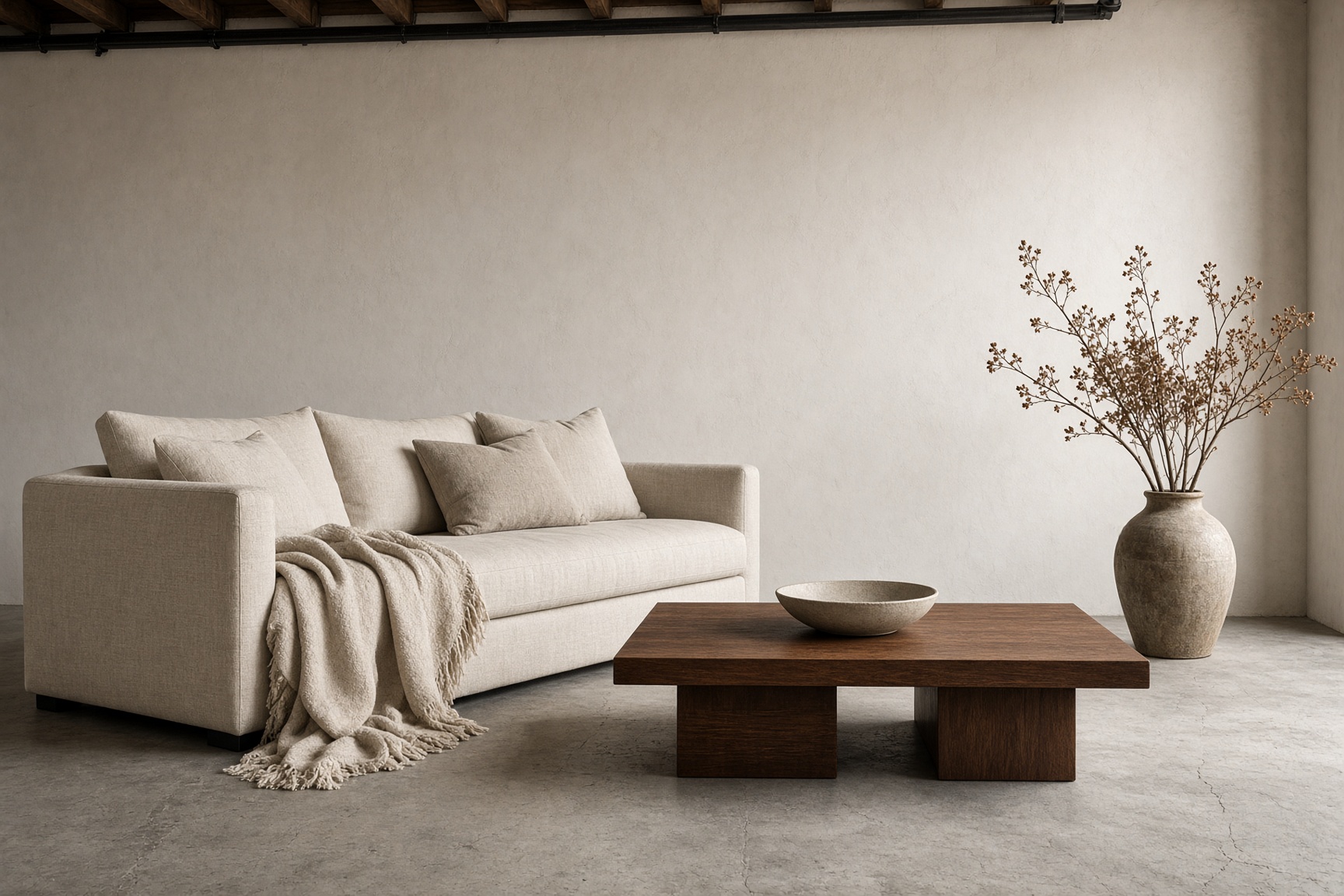 Linen sofa and low walnut table on a bone painted studio wall with dried branches.