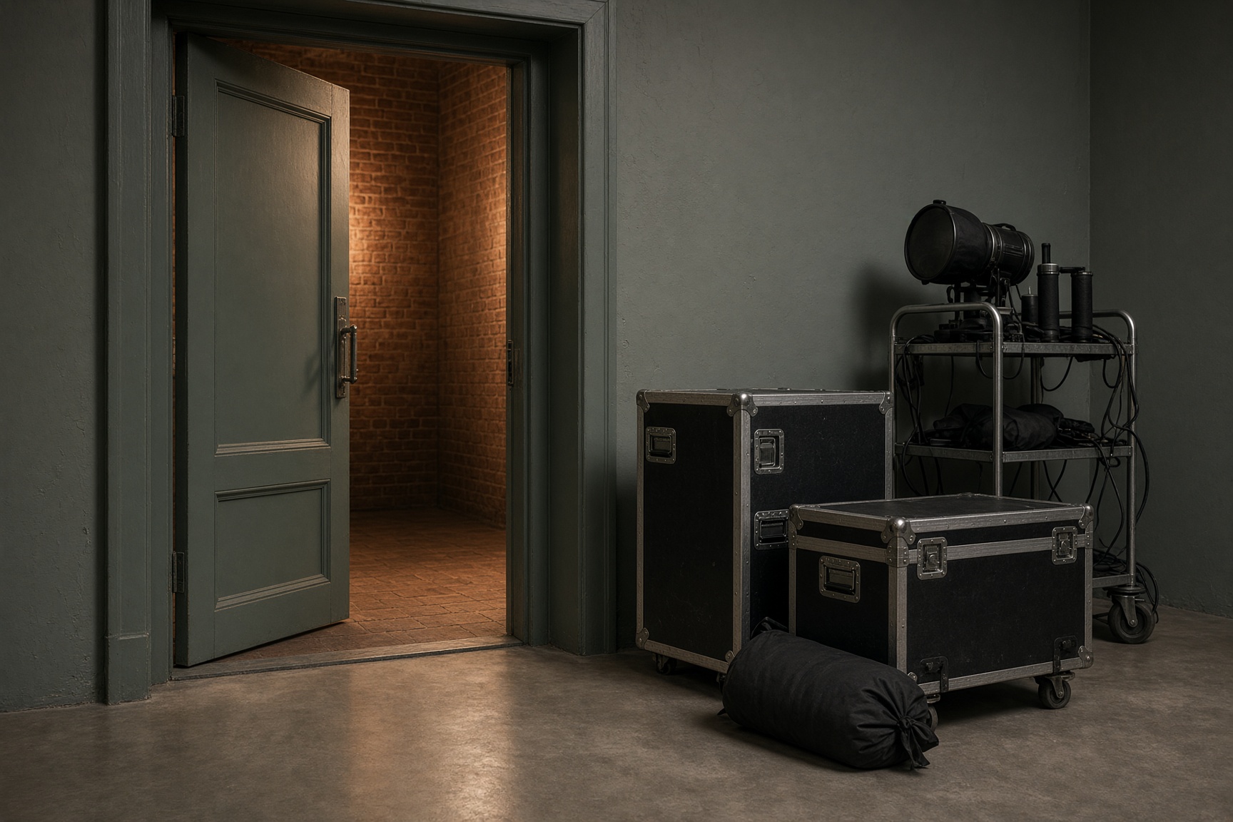 Studio load-in: wide steel door, rolling cart, lighting cases, and a sandbag on concrete.