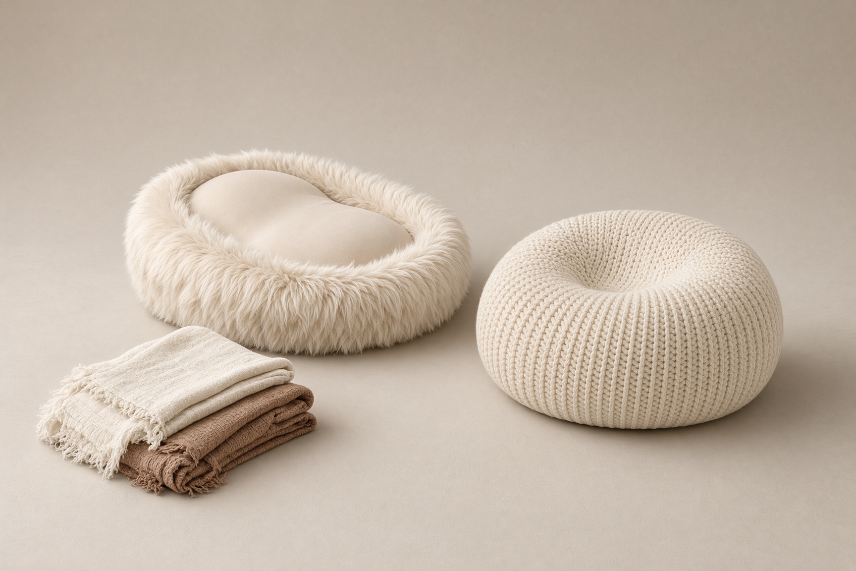 Cream faux-fur posing nest and ivory knit beanbag on a bone floor sweep, wraps stacked beside.
