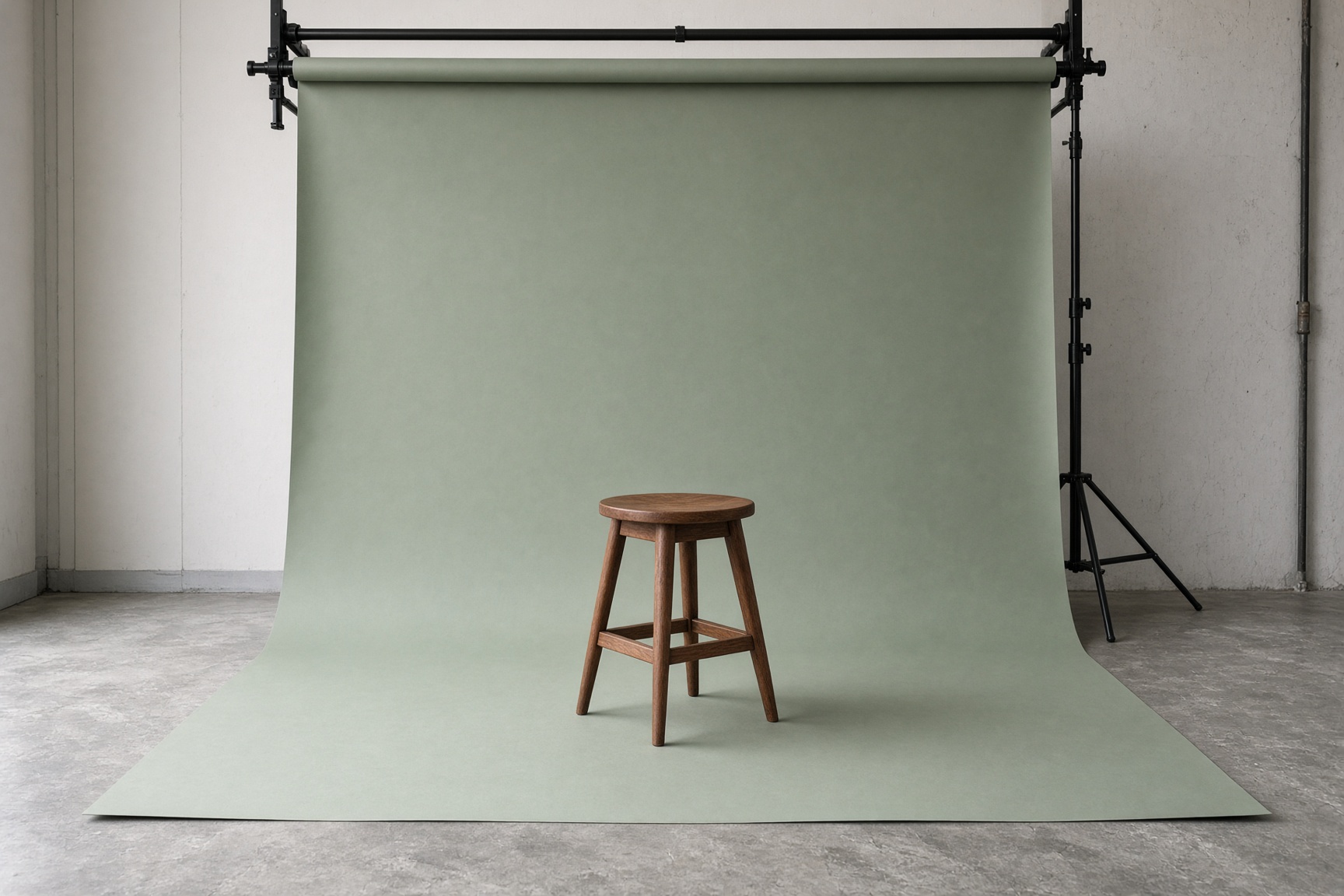 Dusty-sage seamless paper backdrop with roll hardware visible and a walnut stool on the sweep.