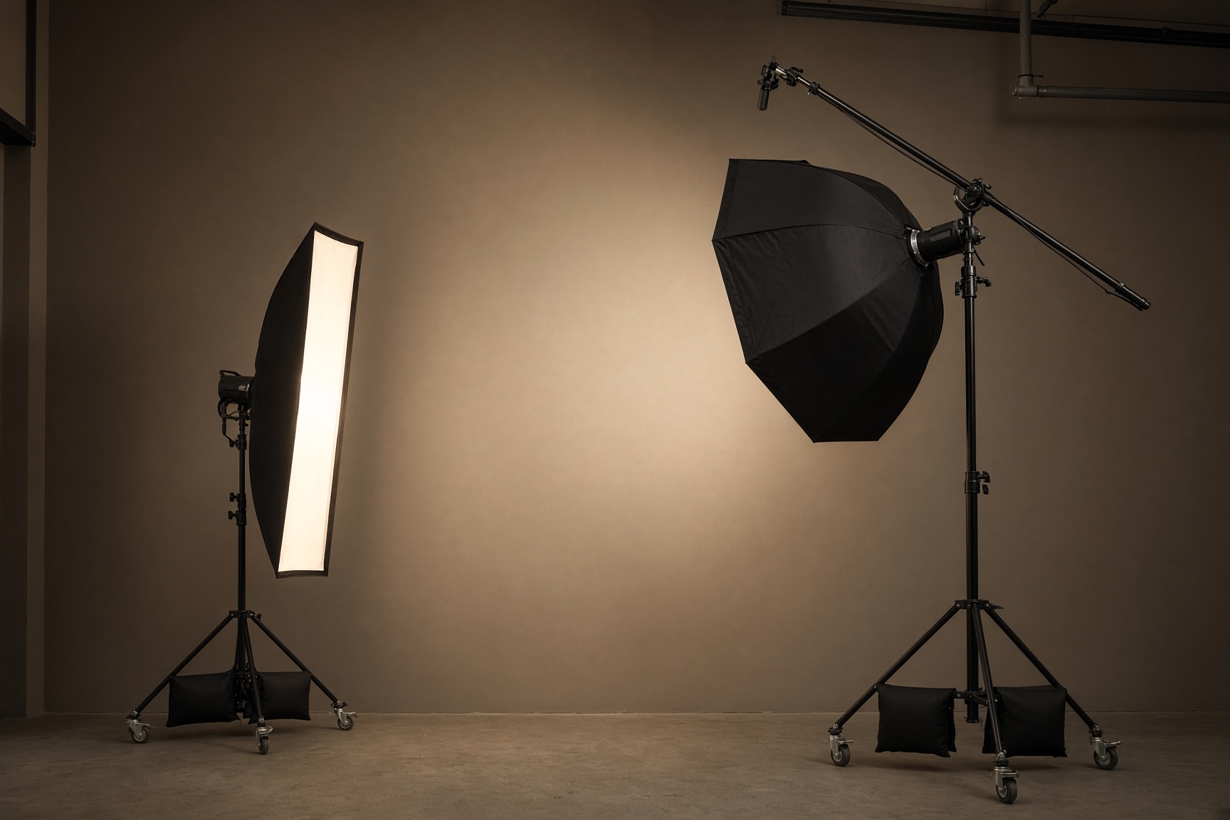 Strip box and octabox on C-stands lighting a taupe painted wall, boom arm overhead.