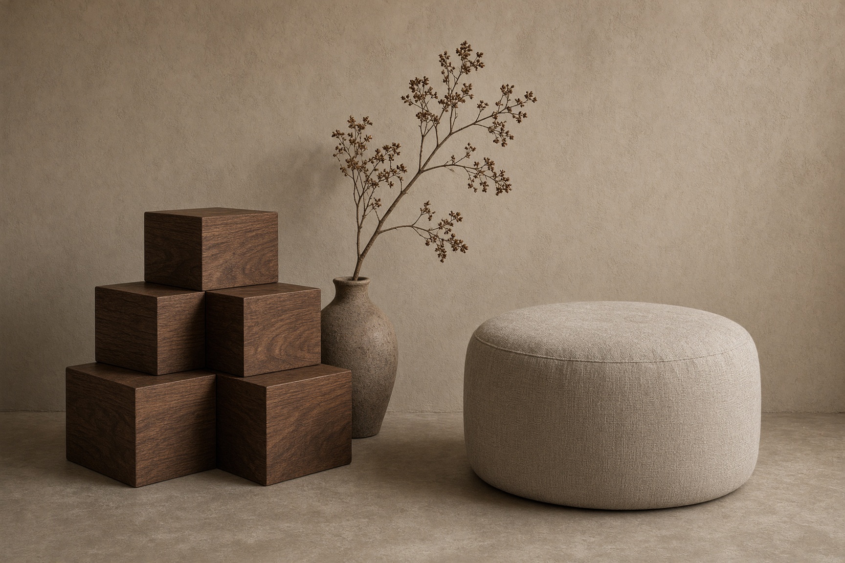 Stacked walnut styling cubes and a linen ottoman against a warm plaster wall.
